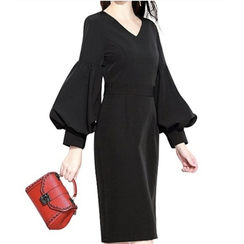 Marina Kaneva Black‎ Balloon Sleeve Midi Dress Size 18 Elegant V-Neck Minimalist